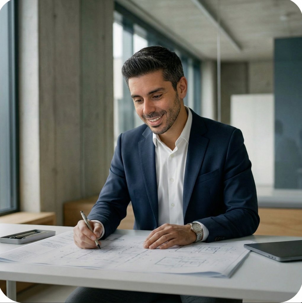 Consultor técnico de Vértice Proyectos revisando planos de obra